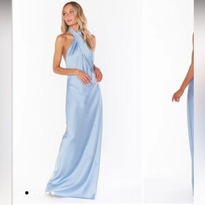 Show Me Your Mumu Jasmine Halter Maxi Dress | NWT | XXS | Steel Blue Luxe Satin